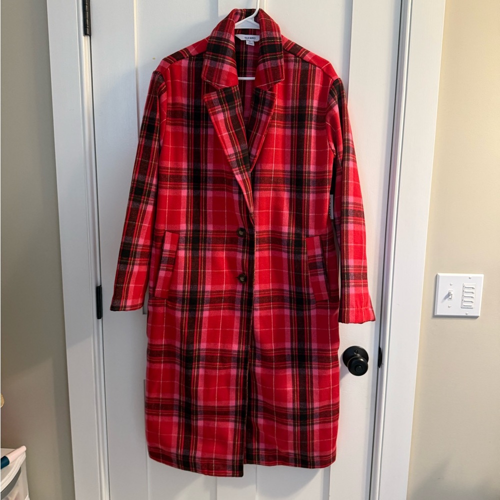 NWT Old Navy Soft Brushed Long Plaid Overcoat Medium